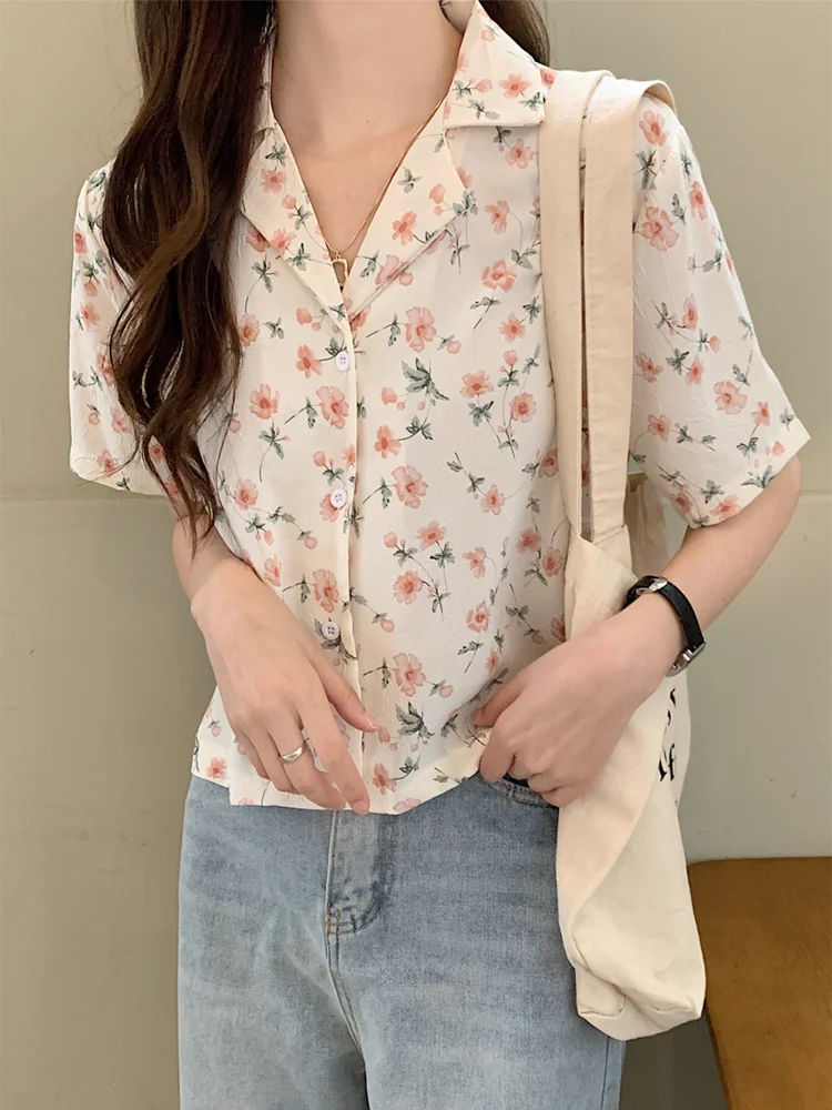 

Zoki Floral Chiffon Shirt Women Korean Short Sleeve Elegant Blouse Sweet Summer Loose Fashion Preppy Style Turn Down Collar Tops