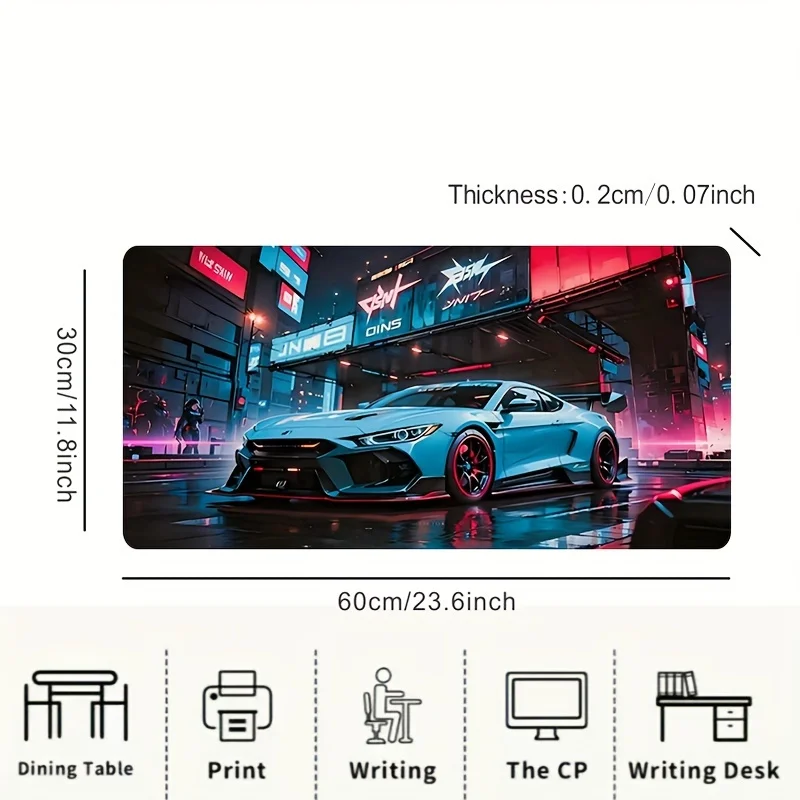 Tapis de souris de jeu extra large avec design de voiture de sport bleu de style de rue, tapis de bureau rectangulaire à base en caoutchouc, bord de précision, lavable