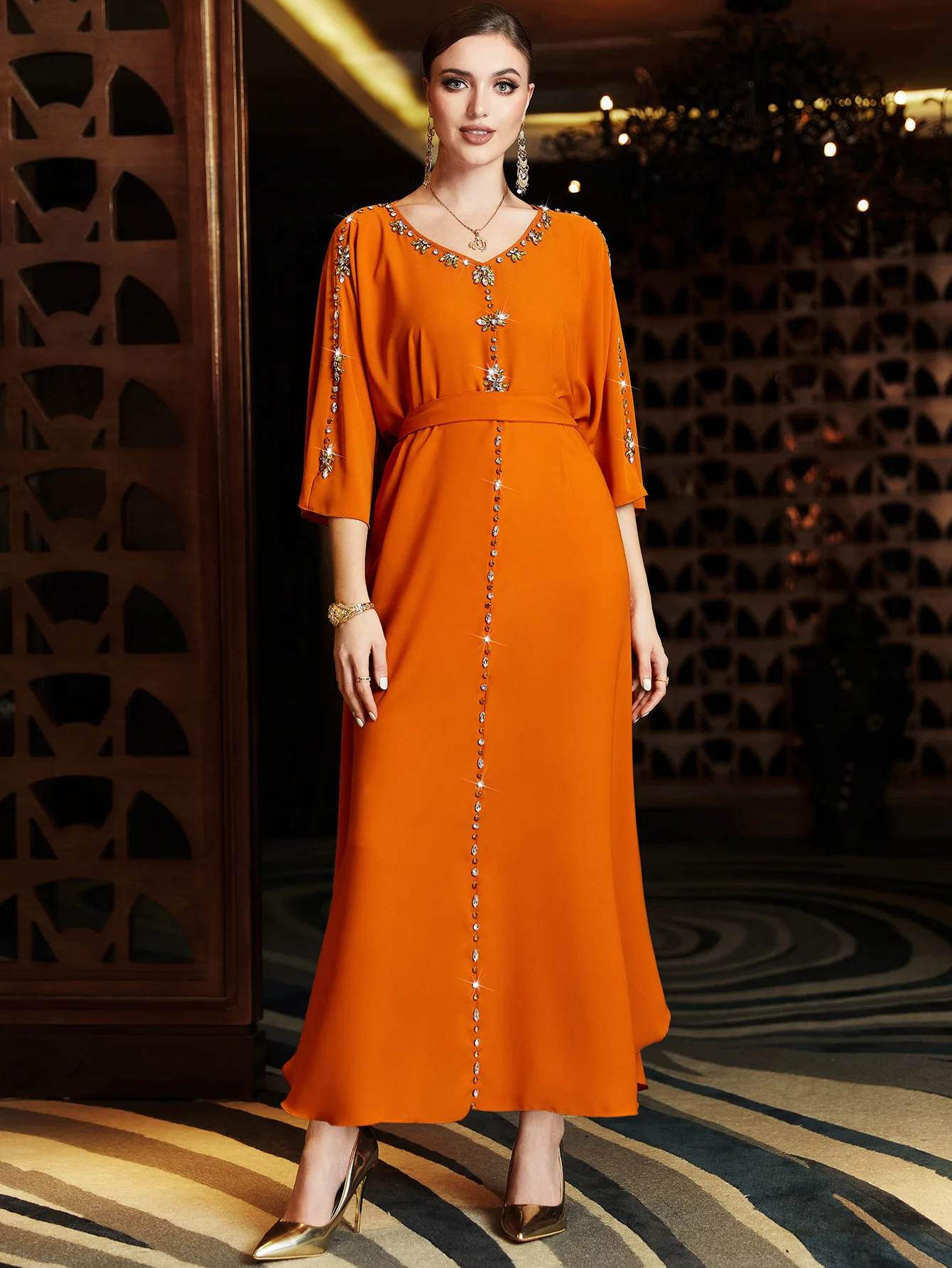 

2025 Diamonds Abbayas for Fashion Muslim Women Dress V-Neck Ramadan Dubai Abaya Turkey Musulmane Femme Robe Party Gown Vestidos