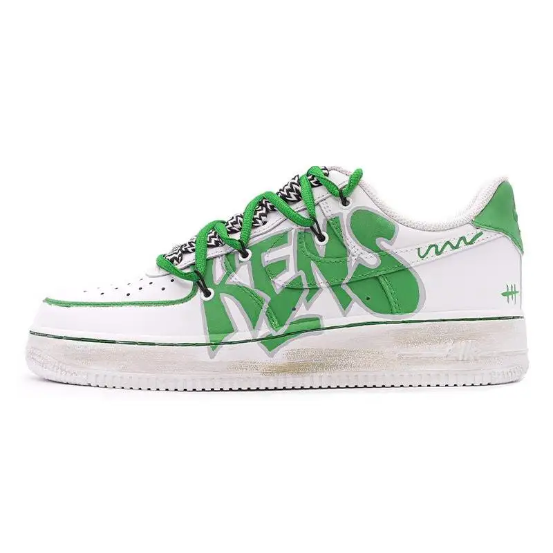 

[Нестандартный женский KENS белого и зеленого цвета] Nike Air Force 1, противоскользящий, устойчивый к истиранию, легкий низкий скейтборд S