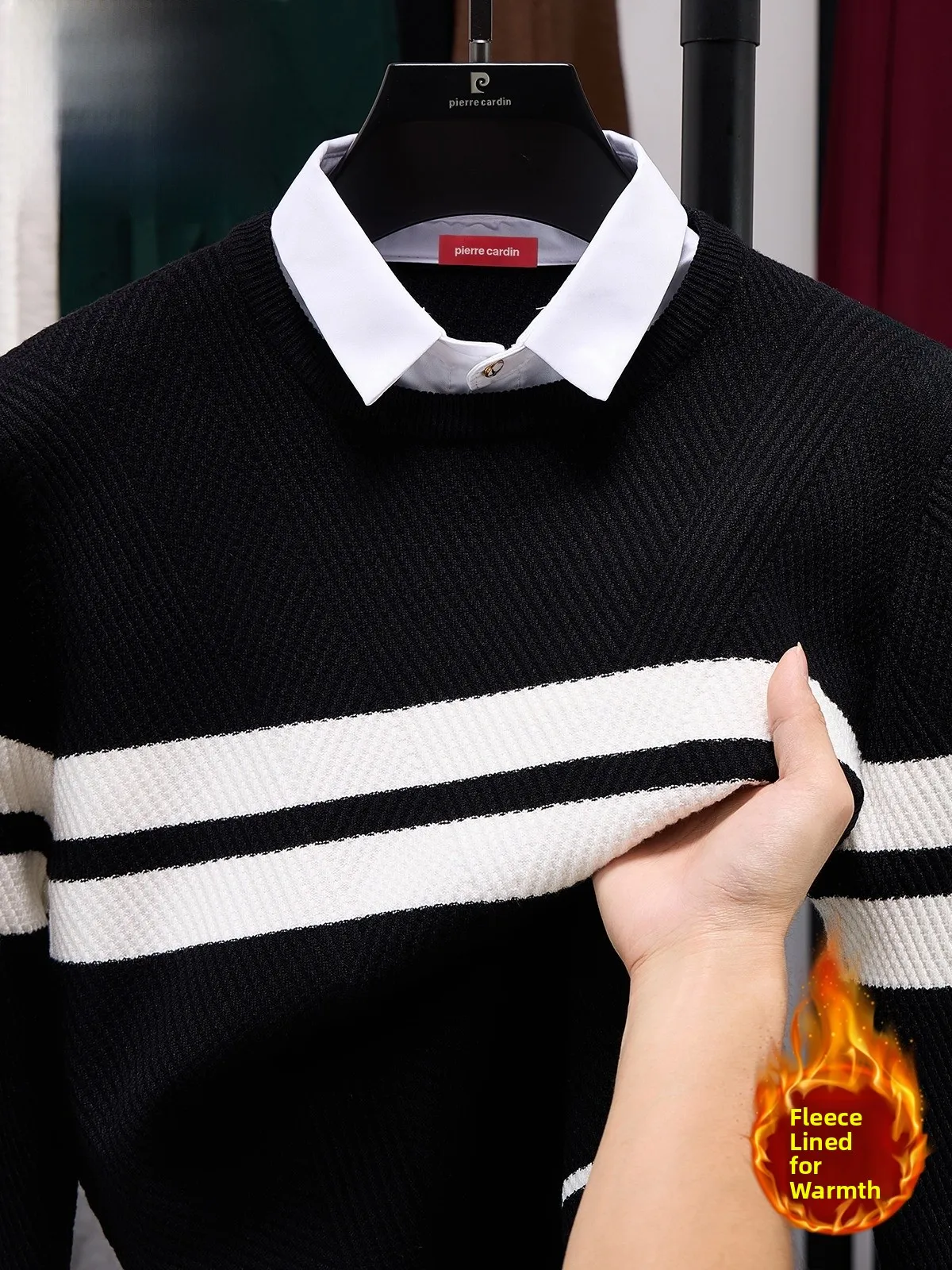 

Pierre Cardin Men's Casual Knitwear Fce Lined irt Collar Fake Two-Piece Winter Sweater Comfortable Loose Fit Long Sve