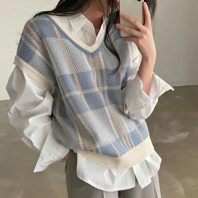 Autumn Sleeveless V Neck Knitted Casual Elegant Women Sweater Vest Korean Pullover Plaid Loose Office Lady Clothing 23875