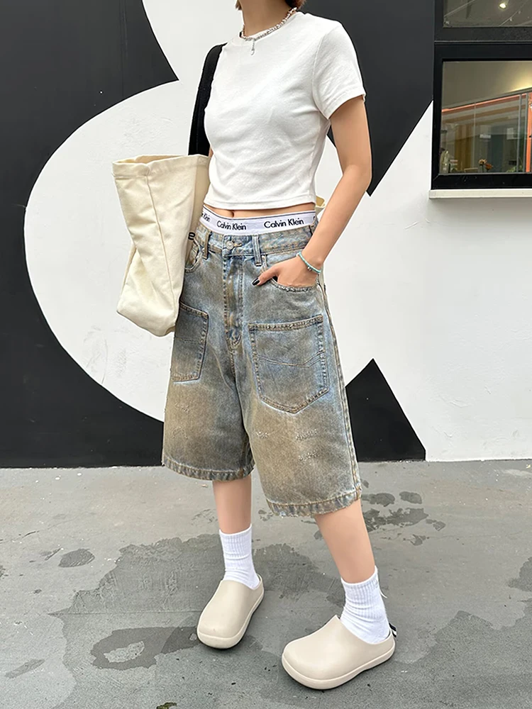 orts de mezclilla retro americano do y desgastado para mujer, de verano, sueltos, de pierna ancha, a la moda, de cintur...