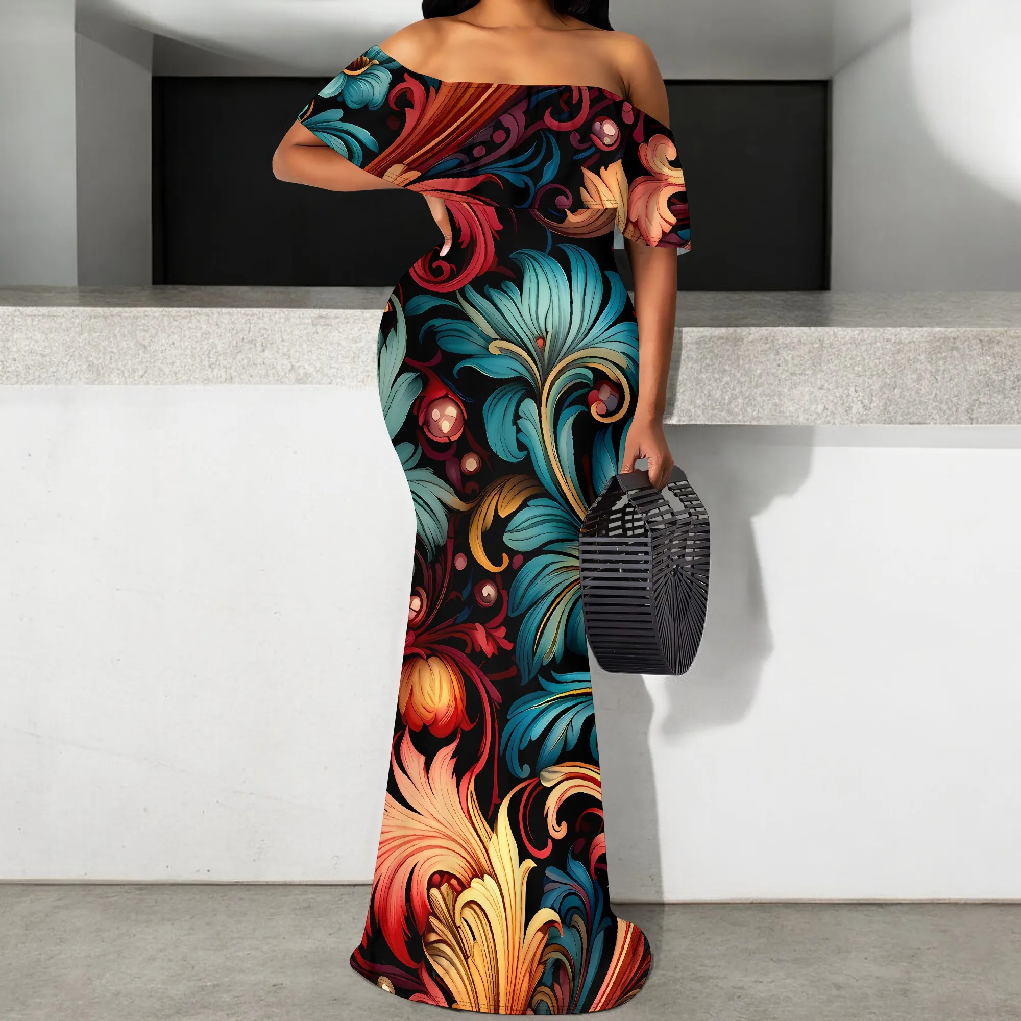 바로크 리프 프린트 오프 숄더 프릴 맥시 드레스 여성 우아한 여름 밤 파티 스타일