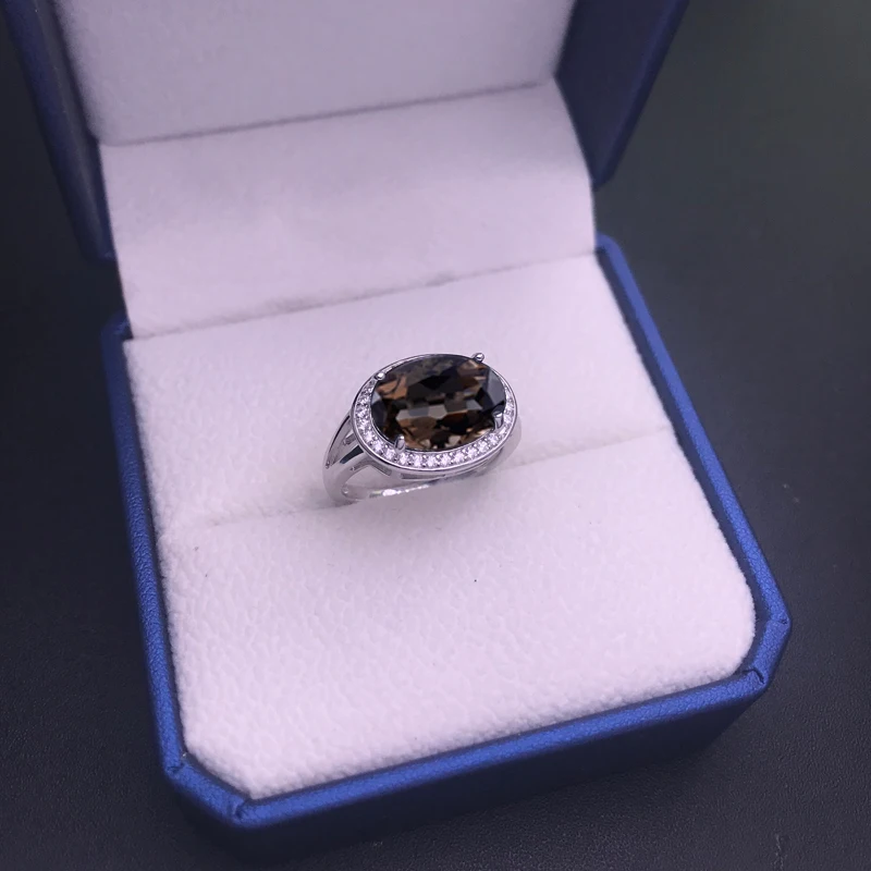 CSJ Smoky Quartz Rings Sterling 925 Silver Natural Gemstone Oval Cut 10*14mm Women Lady Wedding Engagment Party Gift Box