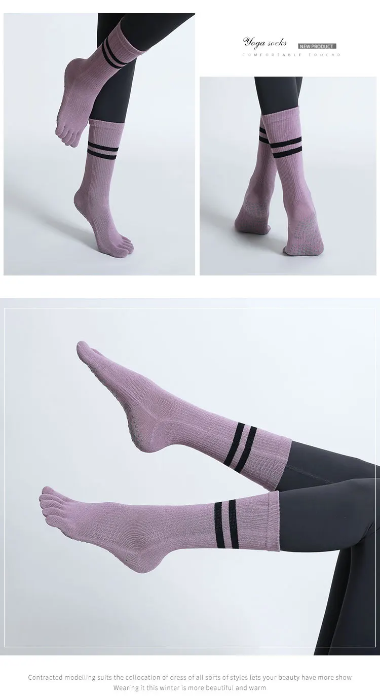 Frauen Atmungsaktive Yoga Socken Mid-rohr Nicht-slip Fünf Finger Pilates Sport Socke Baumwolle Fitness Dance Ballett Indoor boden Socken – Detail 6