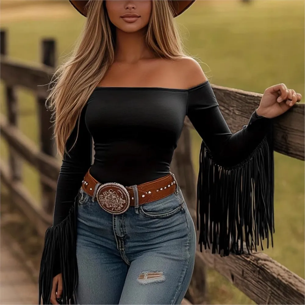 Retro Western Style Fashion Tassel Tight Top Spring Summer Women's New One-line Collar Solid Color T-shirt Top Ropa Para Mujer