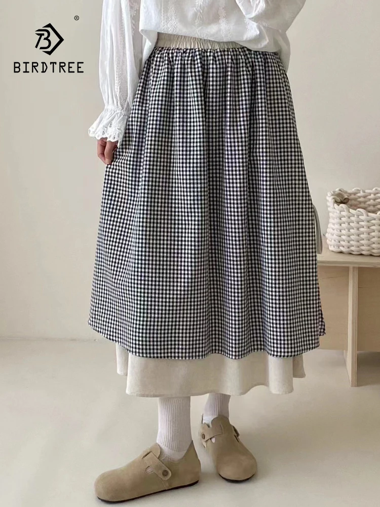 

New 2025 Summer Cotton Linen Skirt, Women Elastic Waist Plaid Lace-up, Mori Girl French Retro Party Chic Loose Skirt B54019CC
