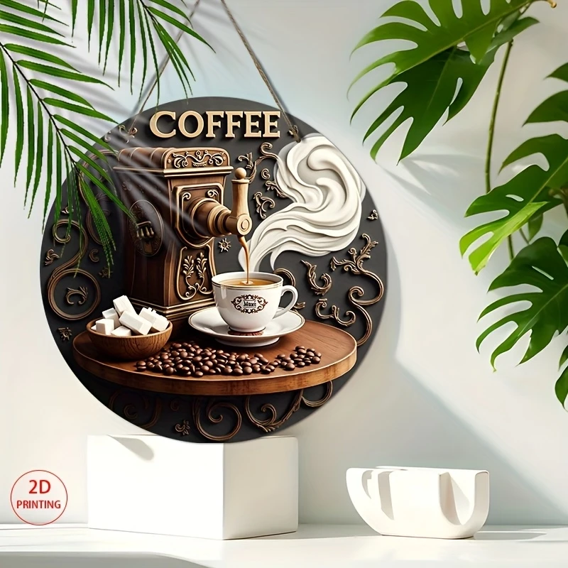 2D 1PCS 20CM  Wooden Hanging Sign Coffee Maker Theme 8 Inch Round Sign Home Bar Garage Cafe Garden Decoration Gift