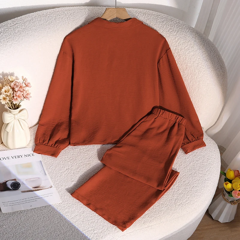 Teen Girls Retro Brown Matching Suit, Collared Cuffed Sleeve Blouse And High Waist Soft Casual Wide Leg Pants