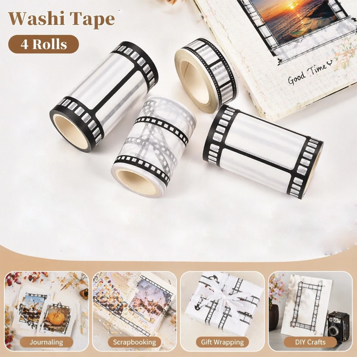 Lot de 4 Rubans Washi Noirs et Blancs Effet Film Rétro pour Décoration de Fête, Bricolage, Scrapbooking, Journalisation, Fournitures Artistiques et Scolaires