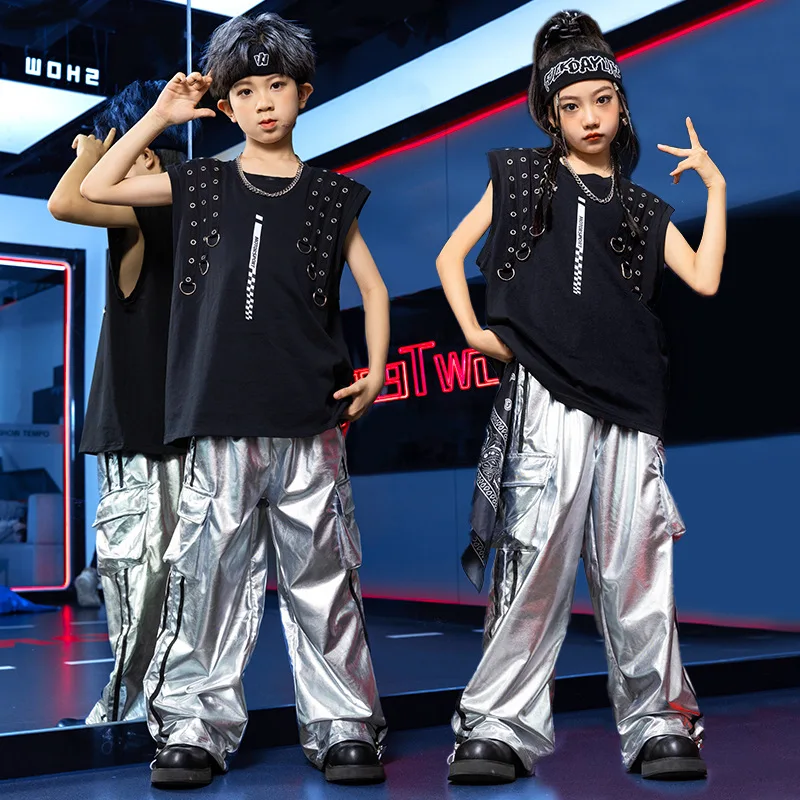 

Kids Hip Hop Clothing Metal Rock Tops Streetwear Silver Pants for Girls Boys Dance Costume Clothes