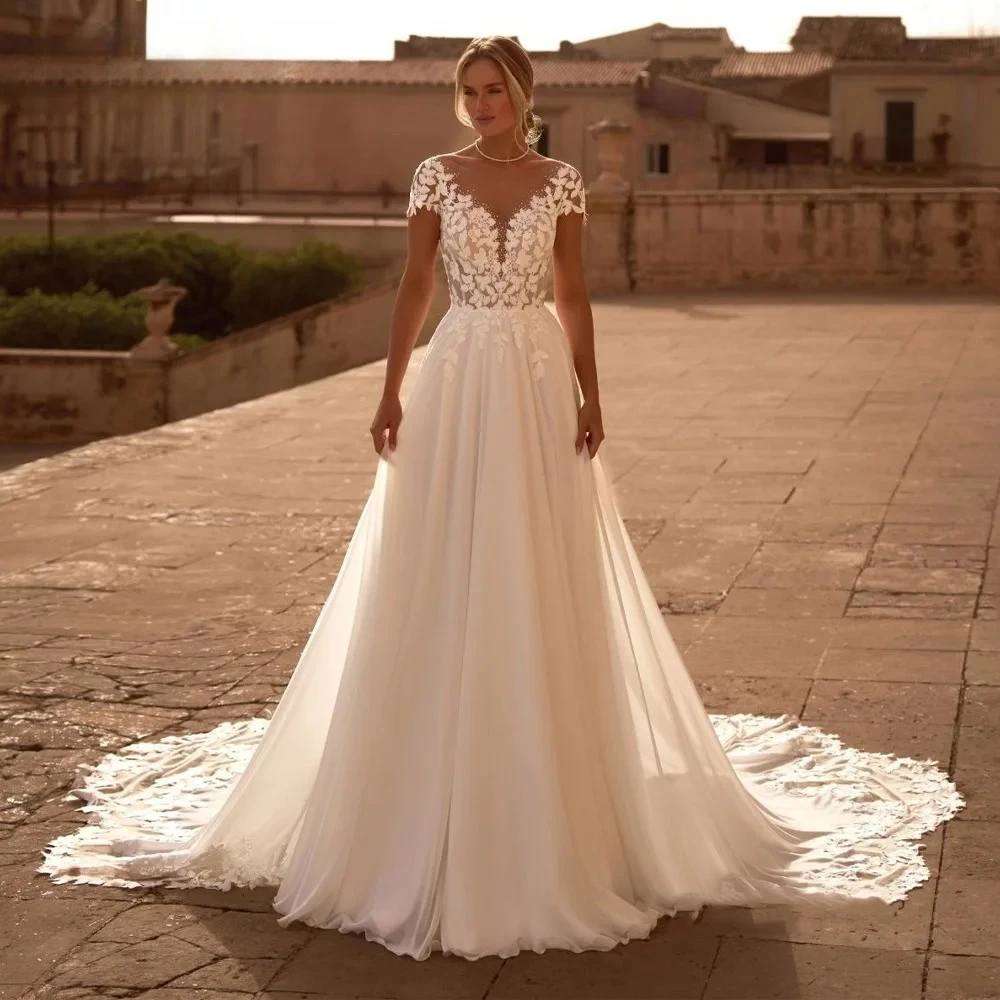 Anmutige Brautkleider für Damen mit O-Ausschnitt, A-Linie, Applikationen und Flügelärmeln, Vestidos De Novia