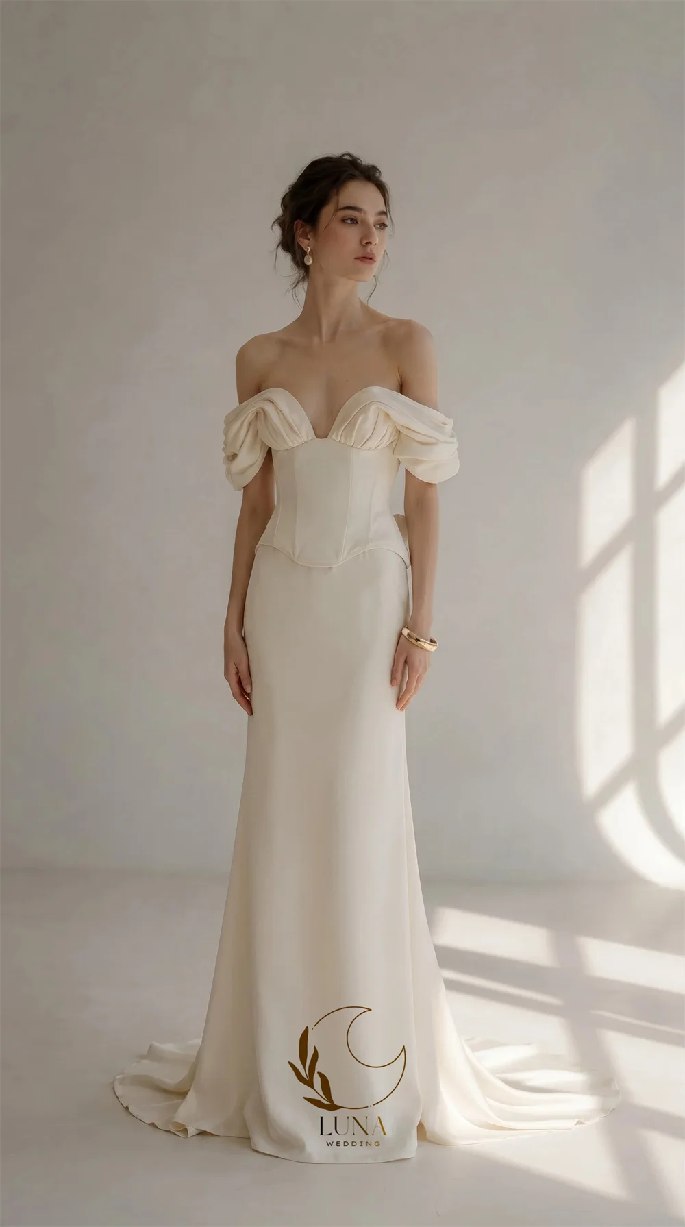 Luna Wedding dress with Draped Silk Corset Top and Straight Skirt Off the Shoulder Bridal Gown Floor-Length Civil Wedding Dress