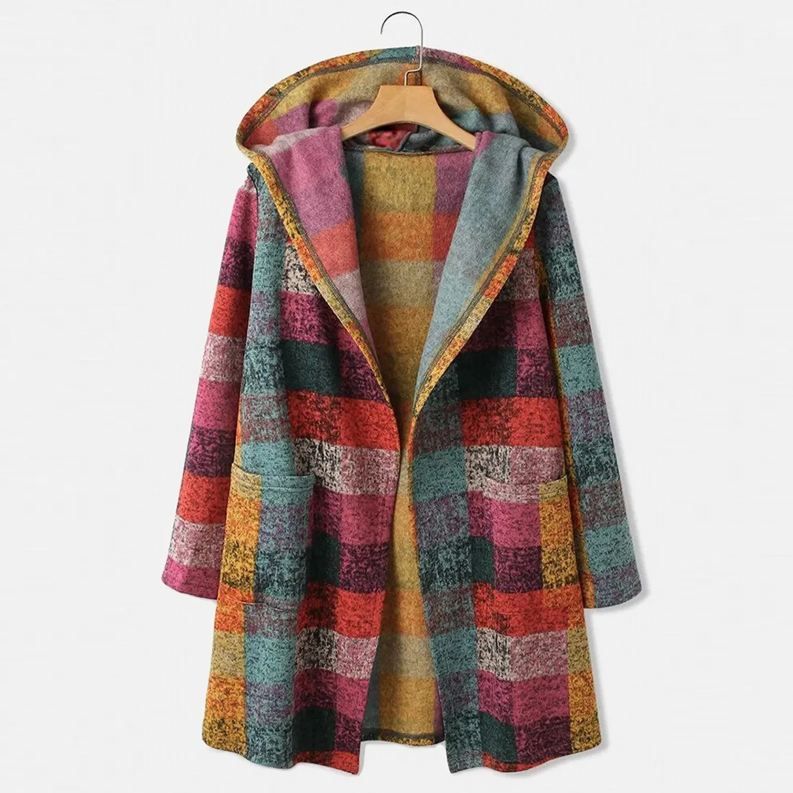 

Korean Casual Plaid Long Sleeve Hooded Coat With Pocket Fall Winter Harajuku High Street Hip Hop Fashion Loose Outwear Cardigan