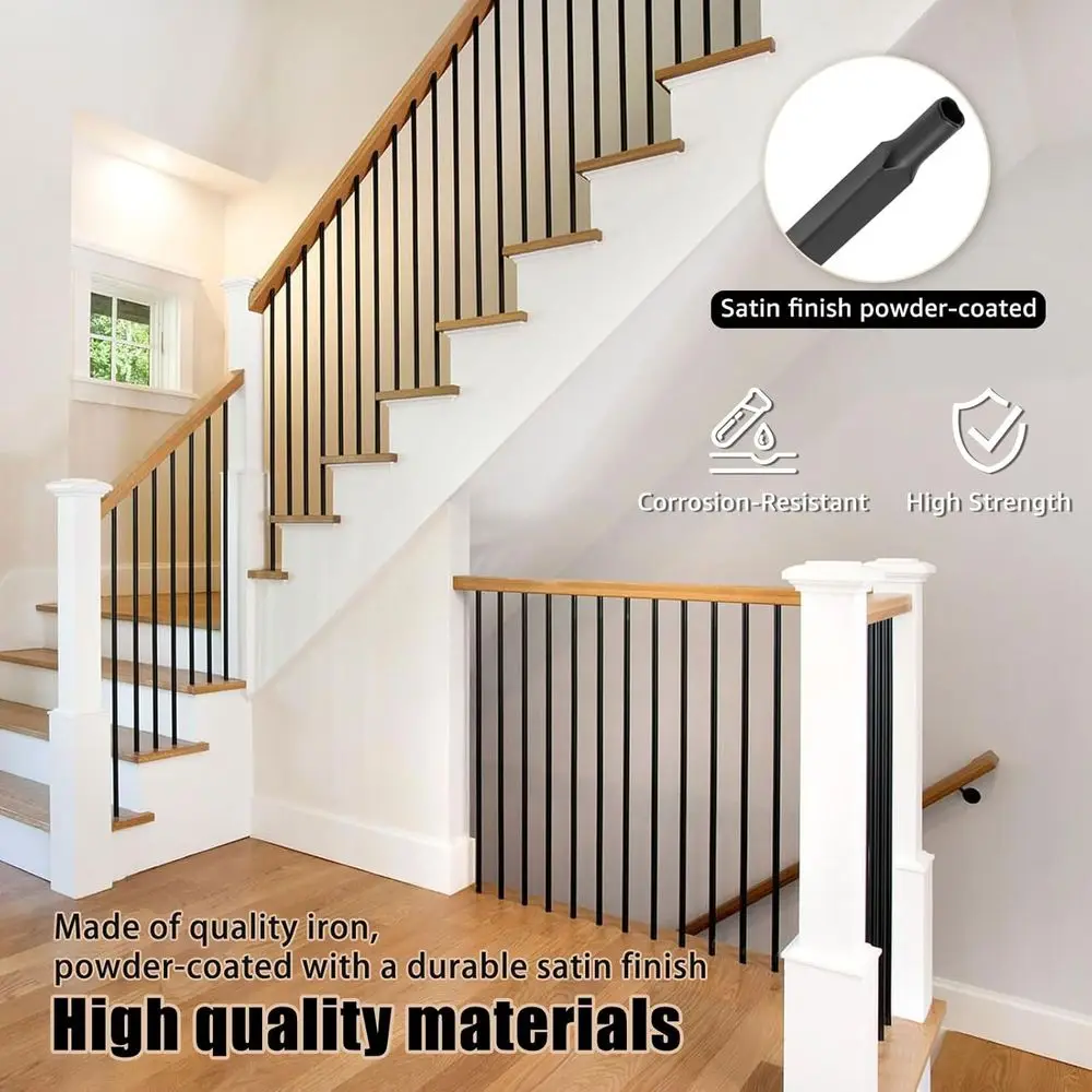 مجموعة مكونة من 15 حلقة من الحديد المطاوع المجوف المربعة، 1/2 × 44، لدرابزين الدرج، لمسة نهائية من الساتان باللون الأسود