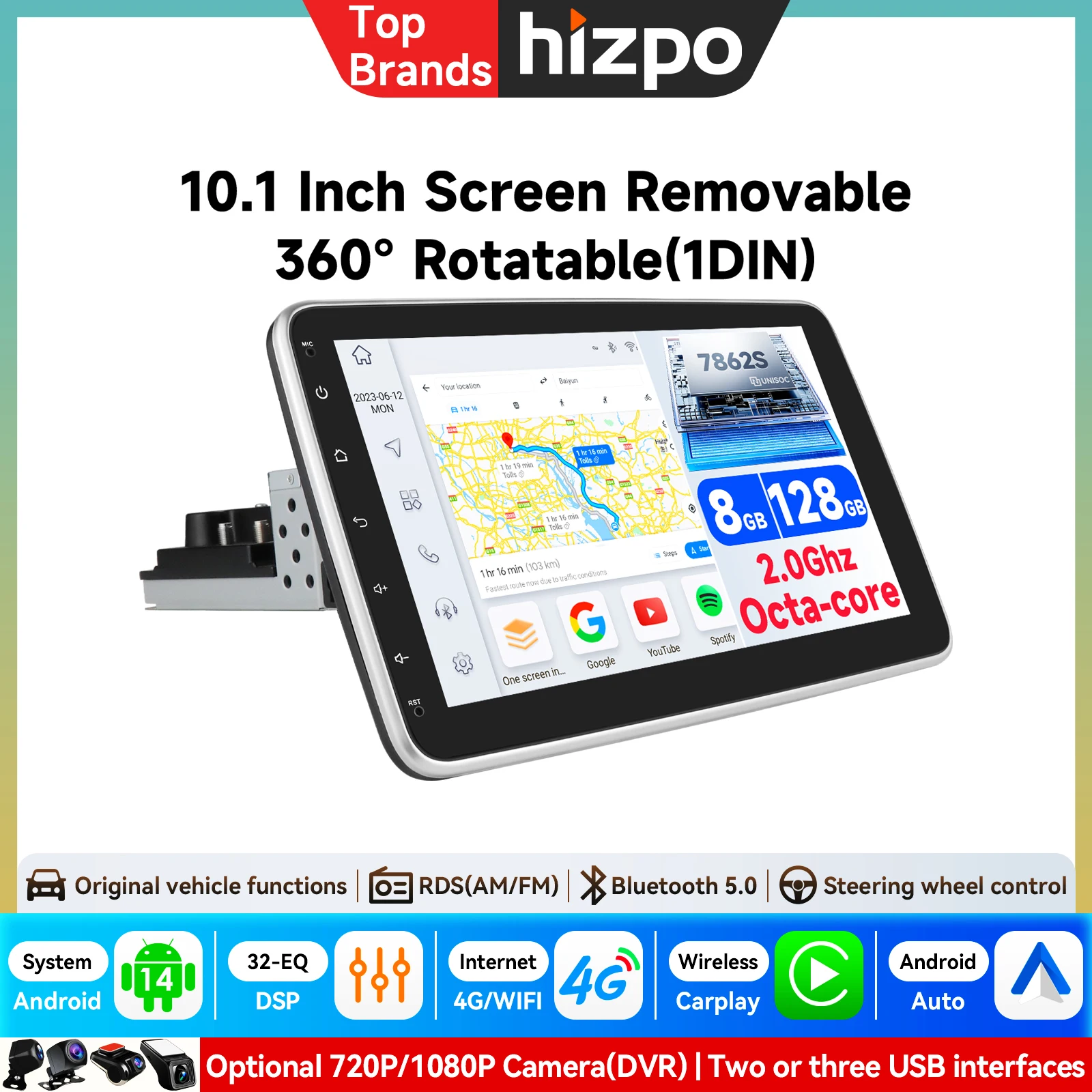 10,1 Zoll 360° Drehbarer 7862 Intelligenter Bildschirm 1din Android Autoradio Multimedia-Videoplayer für Universelles GPS Carplay Auto 4G RDS