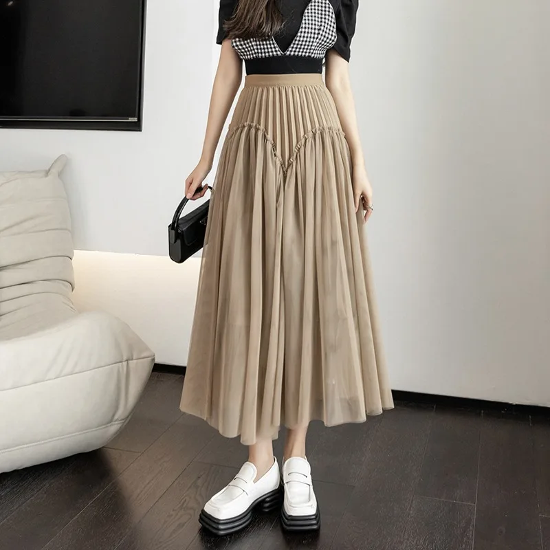 

Женские юбки с высокой талией из эластичной сетки, однотонные, А-силуэта, длинные, весенне-летние, шикарные, асимметричные, плиссированные