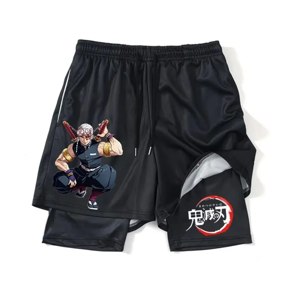 

Demon Slayer Men's Double Layer 2-in-1 fitness pants Sports Shorts Japanese Anime with pocket Quick-Drying Running sweatpants