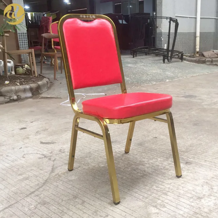 Factory Direct Sale Hotel Banquet Chairs Wedding Red Electroplated Iron Tube Upholstered Chair Stainless Steel Stackable Restaur