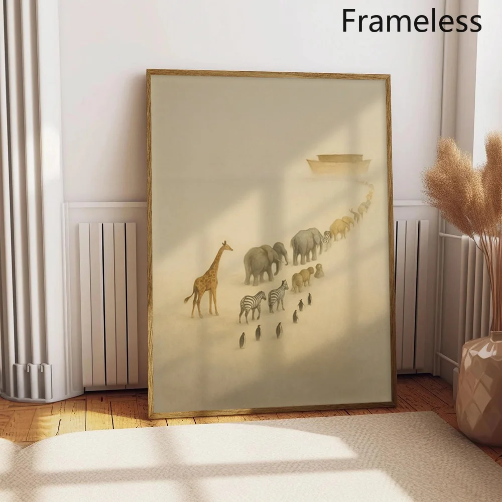 2D Flat, 2D Flat, 1pc Unframed Canvas Art Depicting a Safari Adventure, Featuring Noah'S Ark. This Wildlife Journey Serves As