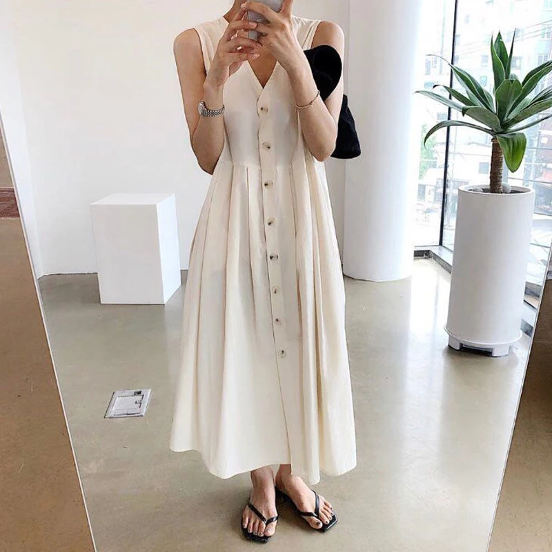 Johnature Korean Deep V-neck New Simple Women Dresses 2024 Summer New Casual Solid Color Loose Single-breasted Dress