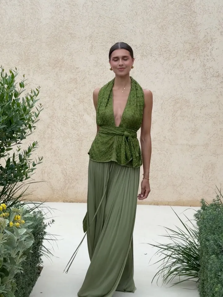 Texturizado renda sem costas assimétrico topo feminino saia conjunto verde profundo decote em v halter topos solto vestido longo 2025 verão outwear