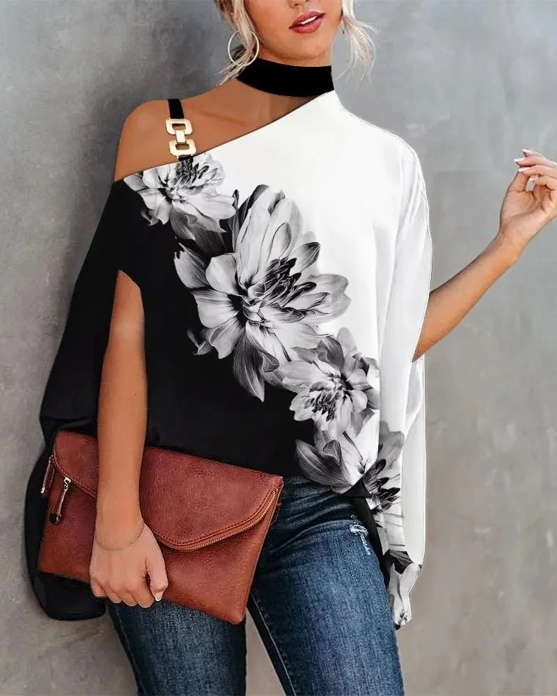 Street Sle Faionable Printed irt Women's Ne Hanging Batwing Sve Ladies' Blouse Spring Summer Autumn Polyester Cott...