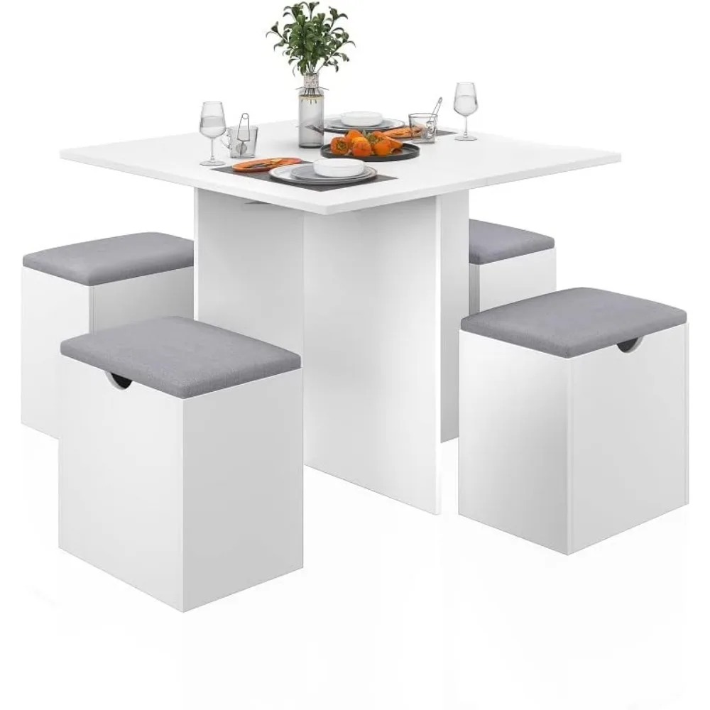 5-Piece Dining Table Set, Small Kitchen Table Set with 4 Stools Compact Space-Saving for Dining Room Kitchen Modern (White and G