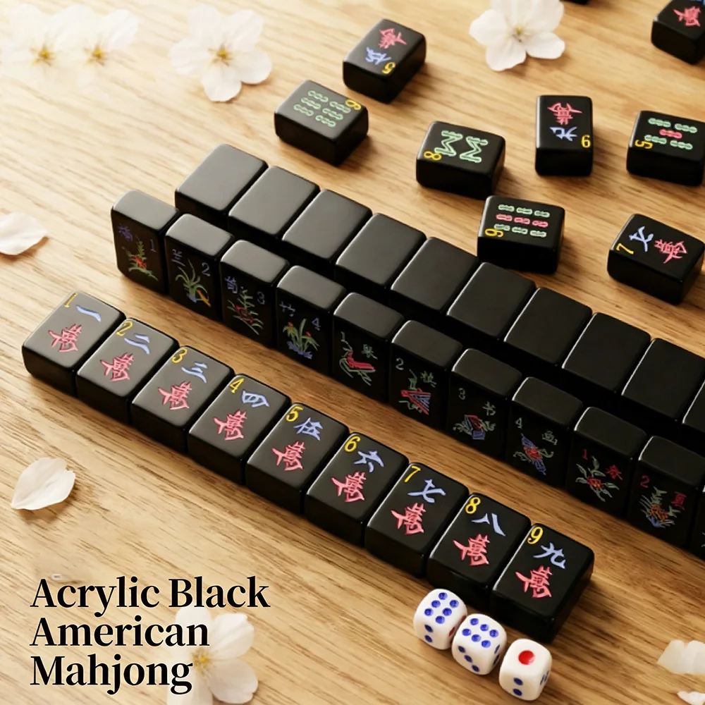 

Black Acrylic American Mahjong Set 160pcs Mahjong Tiles Hand-Rubbed Smooth 1.2 Inch Classic Board Game for Home Family