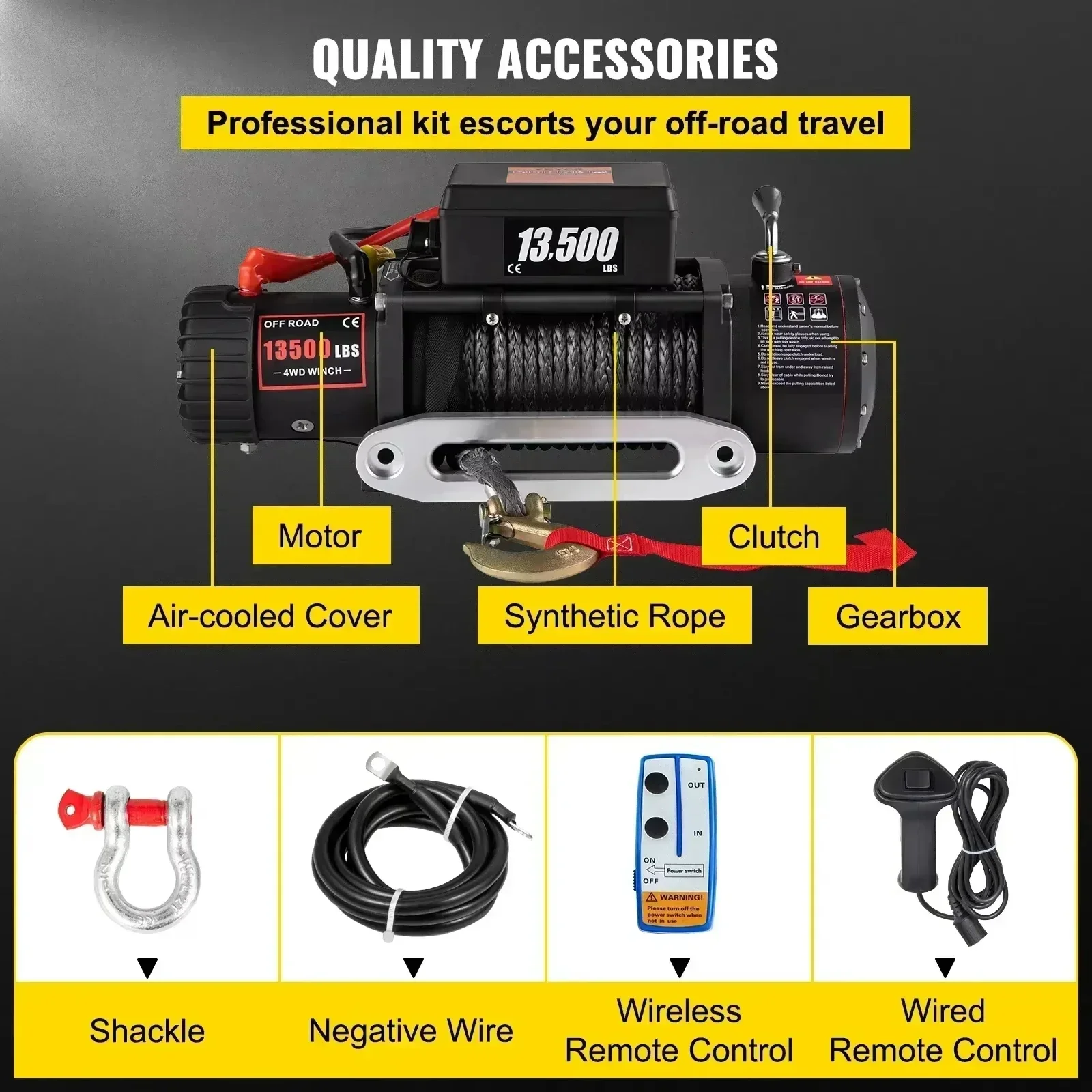 VEVOR ونش كهربائي 13500LBS 12V 27M شاحنة كهربائية Winch12v ATV حبل اصطناعي مع جهاز تحكم عن بعد