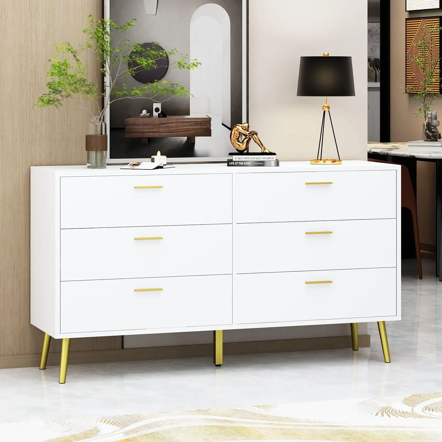 54” 6  Modern 6-Drawer Chest with Gold Metal Handles, Bedroom Dresser with Gold Metal Legs, for Living Room Entryway White (54”W