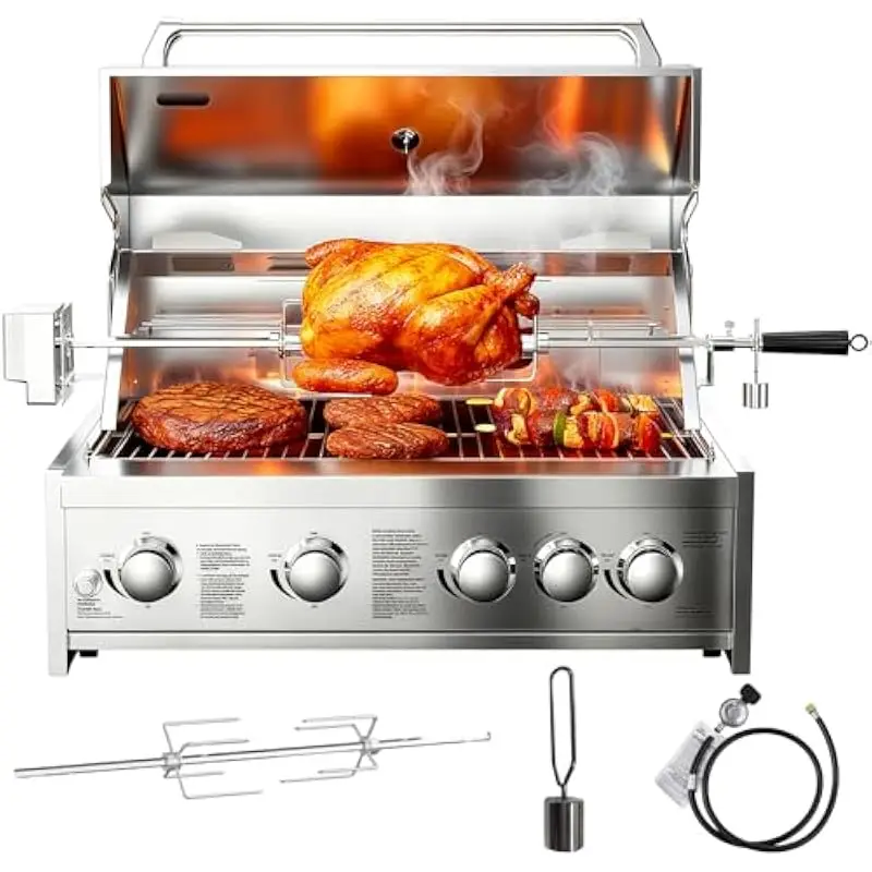 5 Burner Outdoor Propane Grill 30 Inch Stainless Steel Built In Island Head With Rear Infrared Burner 58000 BTU Total Output 988