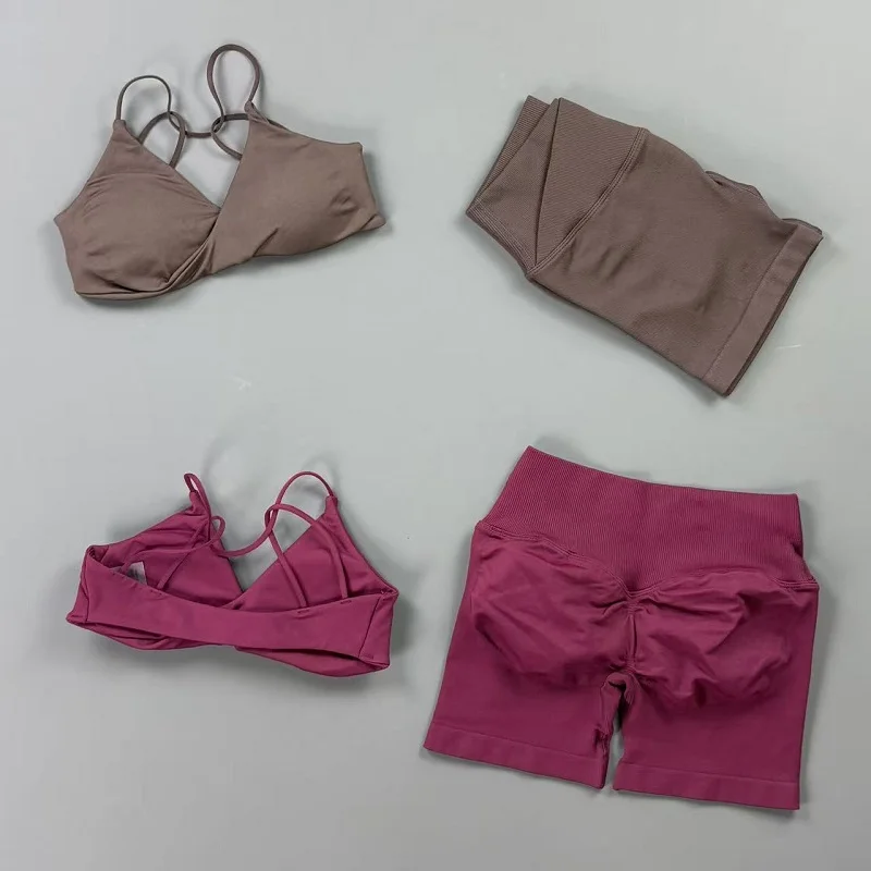 2 Pcs Women Fitness Set Seamless Vision Twist Front Sports Bra Cross V Waist Butt Lift Shorts Suit Gym Workout Yoga Sportswear