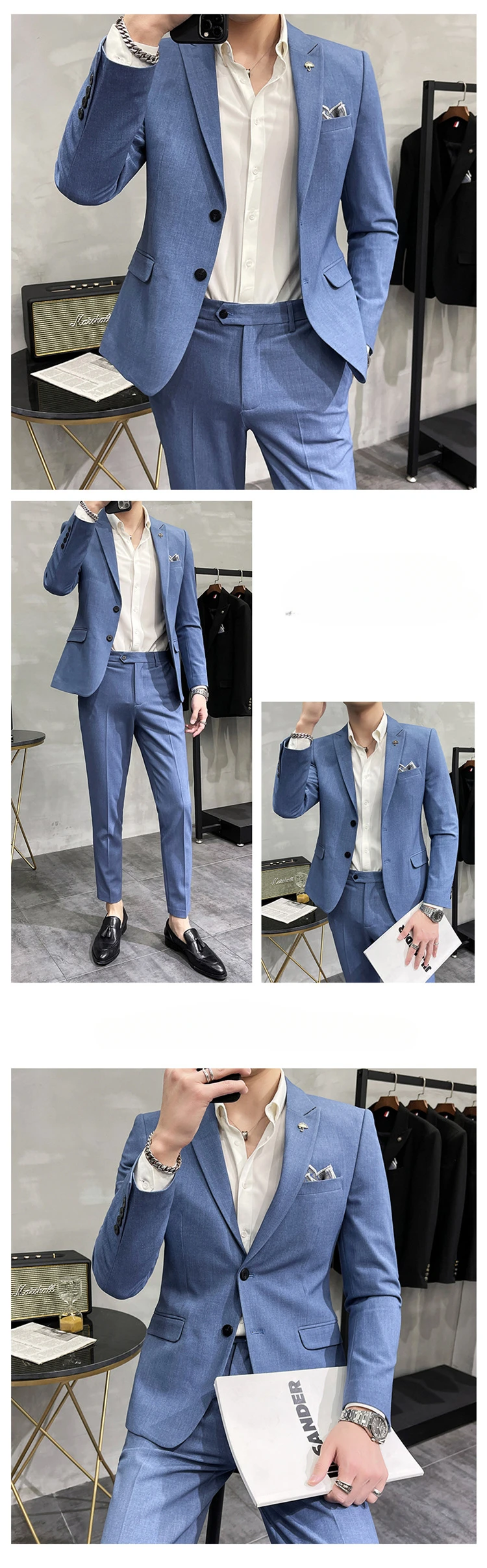 Conjunto de duas peças de terno slim fit monocromático masculino, blazer formal, jaqueta e calça, calças empresariais, casamento do noivo, high-end, tendência da moda