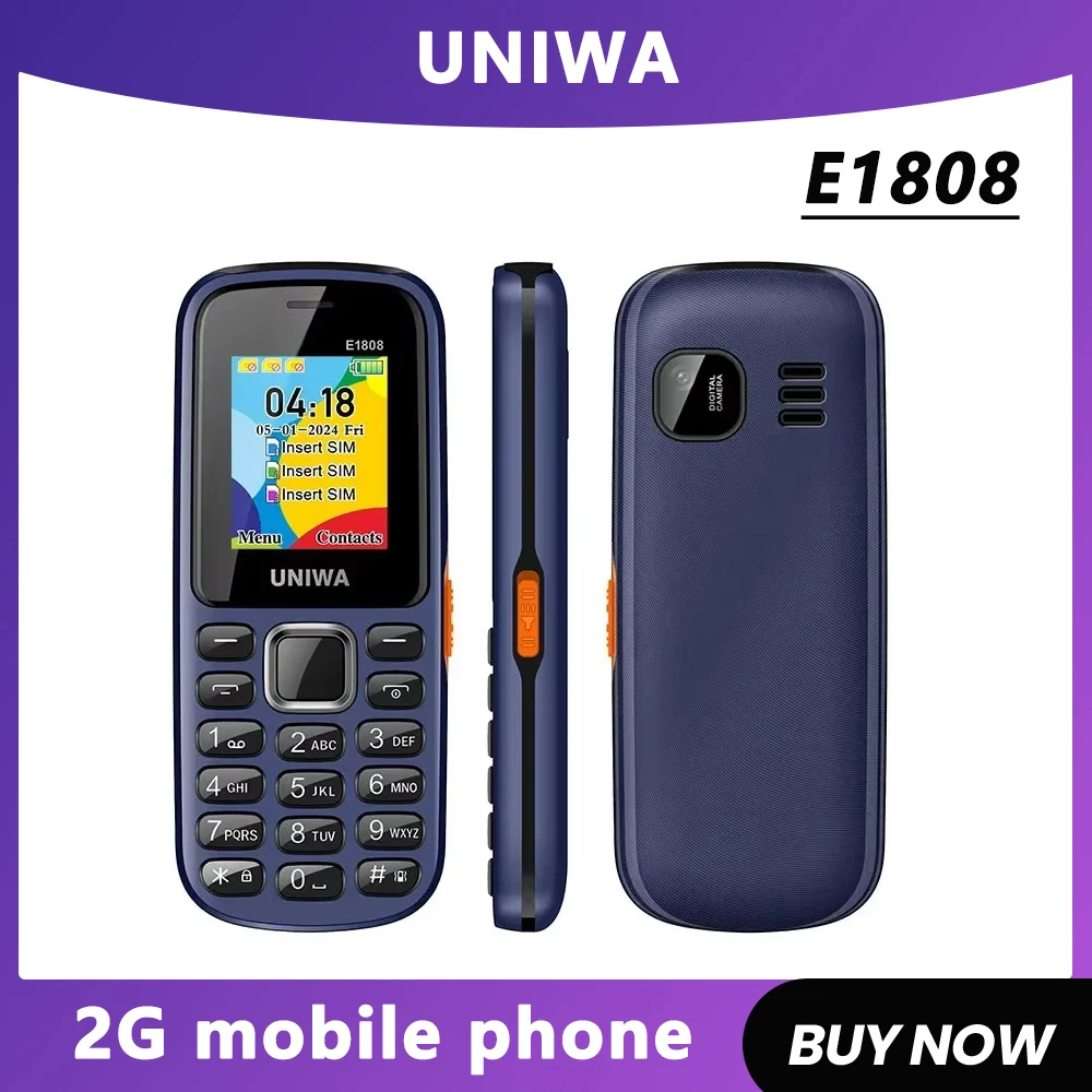UNIWA 3 SIM Card 3 Standby E1808 Feature Phone Wireless radio Flashlight High volume for Elder 2G Keypad Mobile Phone