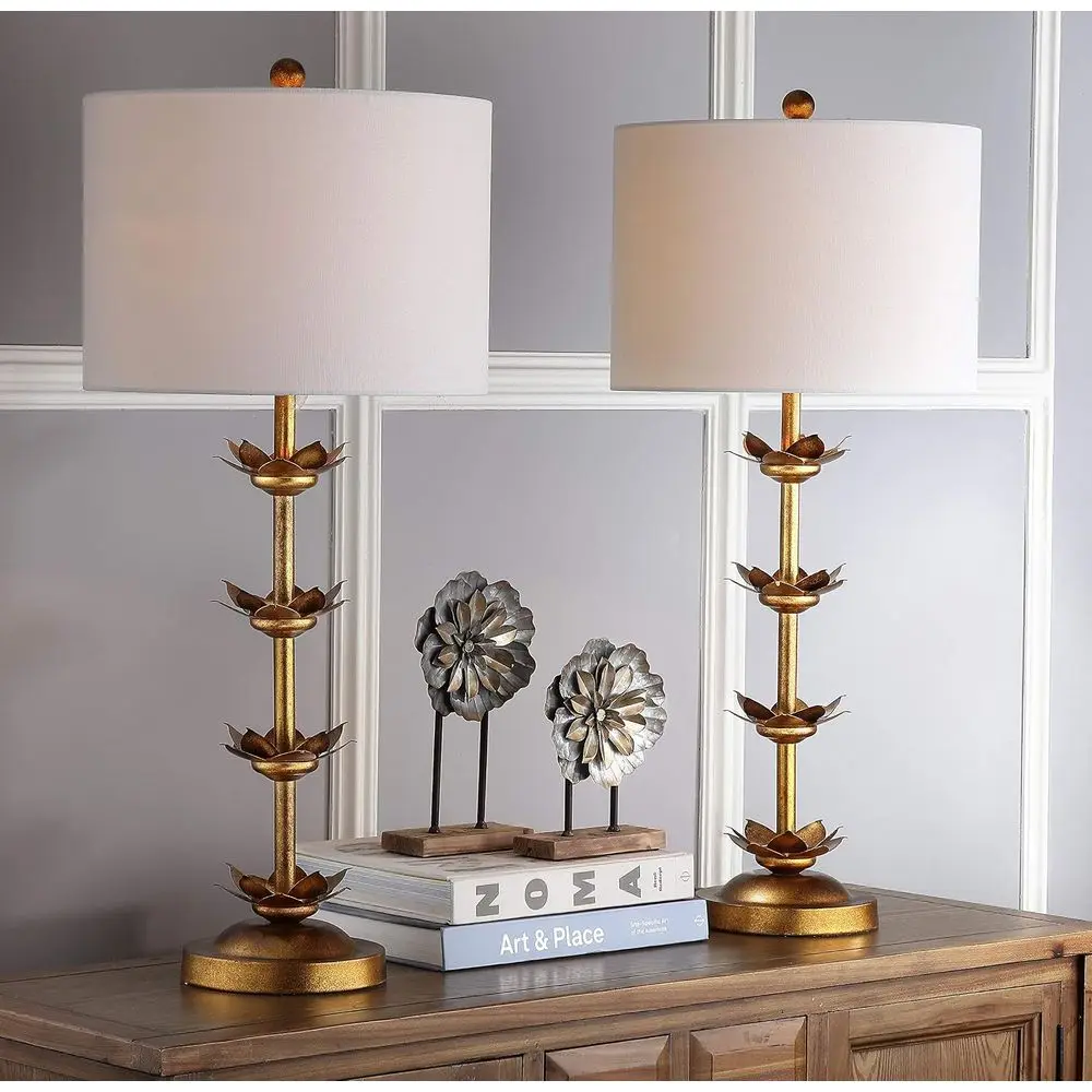 SAAVIEH Lighting Collection – Set o 2 Lani Antique Gold Lea 32-Inch Table Lamps with USB Ports, White Drum Shade, LED Bulbs Incl