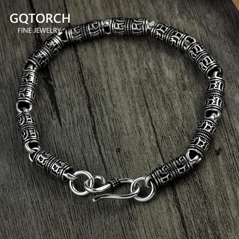 

Tibetan Mantra Bracelet Real Pure 925 Sterling Silver Chains For Men Om Mani Padme Hum With Peace Symbol Mens Bracelet 2017