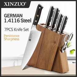 XINZUO 7PCS Kitchen Knives Set with Block High Carbon Stainless Steel Ebony Handle Cleaver Fish Vegetables Slicing Knife