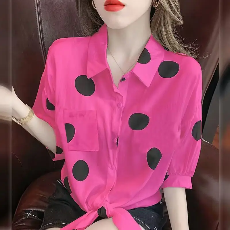 Minimalist Commute Summer New Blouses Women\'s Polo-Neck Spliced Printed Pockets Polka Dot Drawstring Bow Slim Short Sleeve Shirt