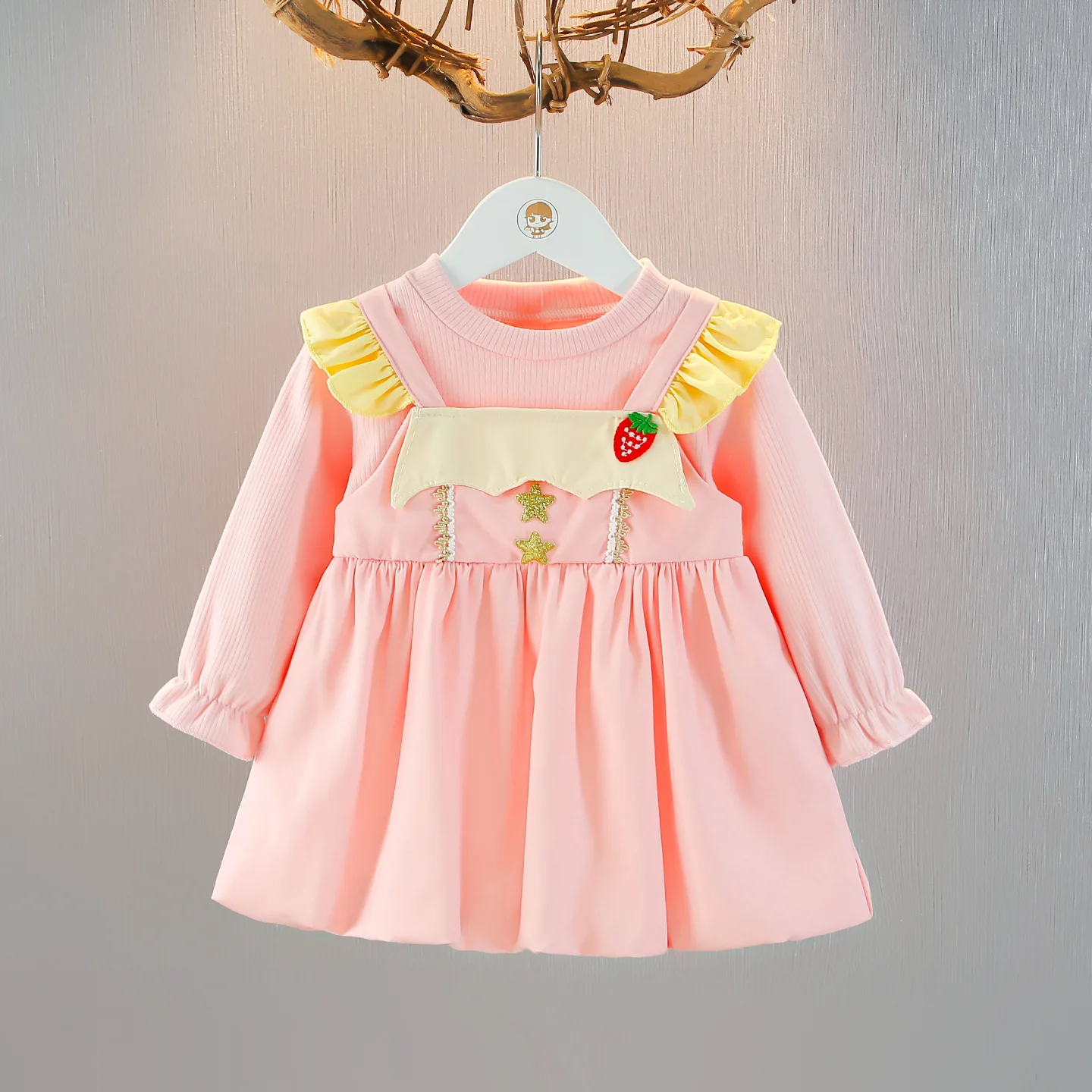 

2025 Autumn Kids Baby Girls Dress Cherry Embroidery Long Sleeved Toddler Girls Princess Dress Korean Casual Newborn Girls Dress