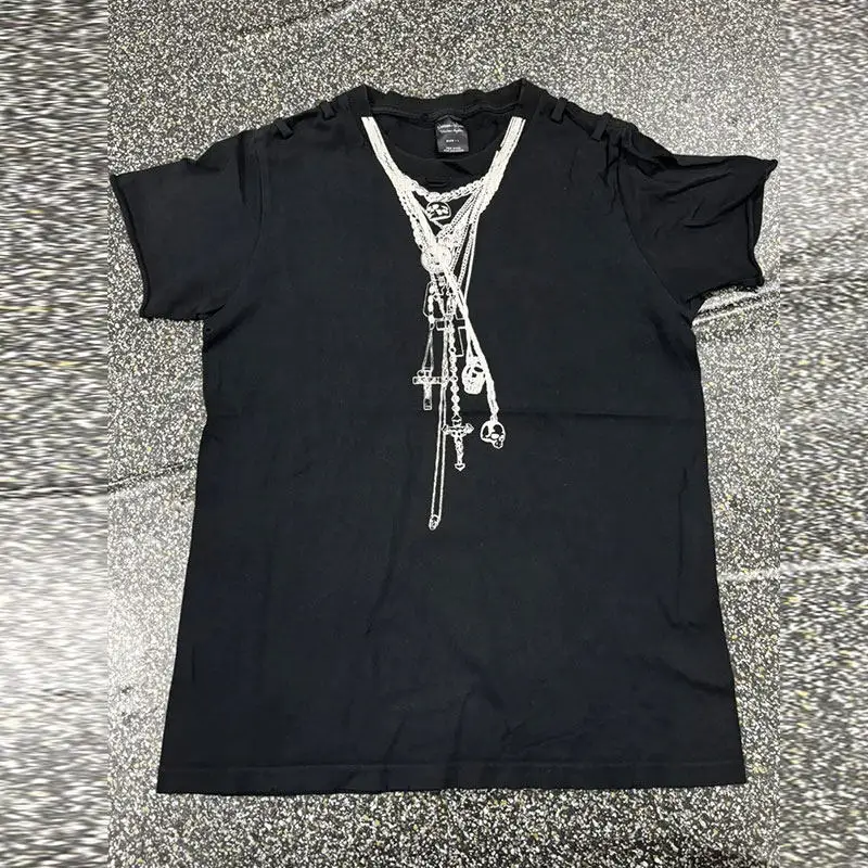 Nine Punk Wind Destroy Skull Necklace Make Old Short Sleeve T-Shirt