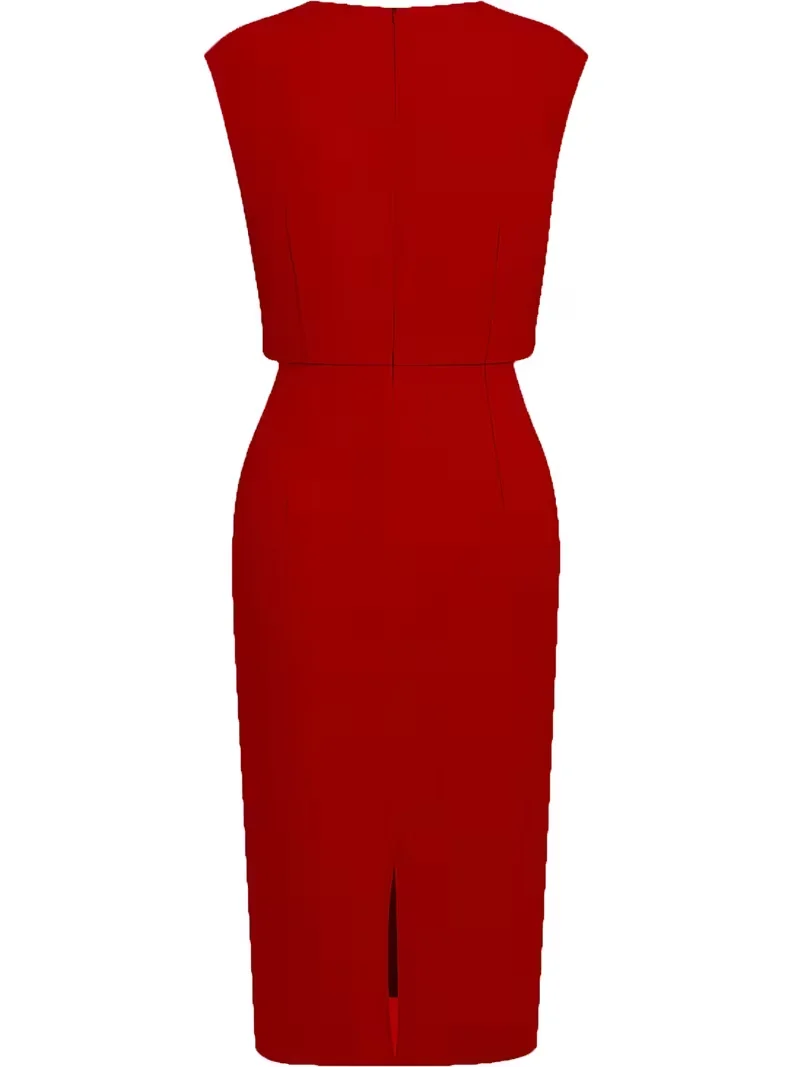 Damen Rotes Elegantes Ärmelloses V-Ausschnitt Gerafftes Schlankes Arbeits- und Cocktailkleid Sommer Bodycon Bleistift-Midikleid – Detail 6