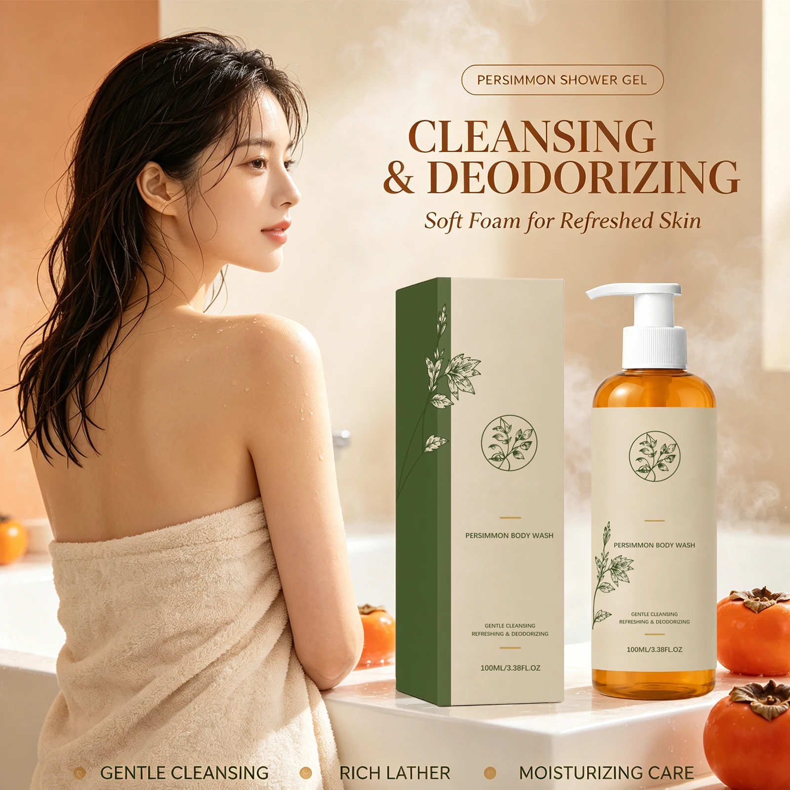 Persimmon Body Wash for Body Odor Control Skin Hydrates Deep Cleansing Exfoliating Shower Gel for Men & Women Bath Products