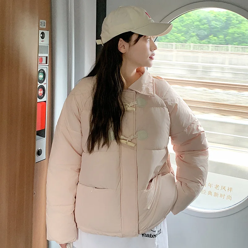 Student Cow Horn Button Turn Collar Short Down Cotton Jacket Women's Loose Winter Coat