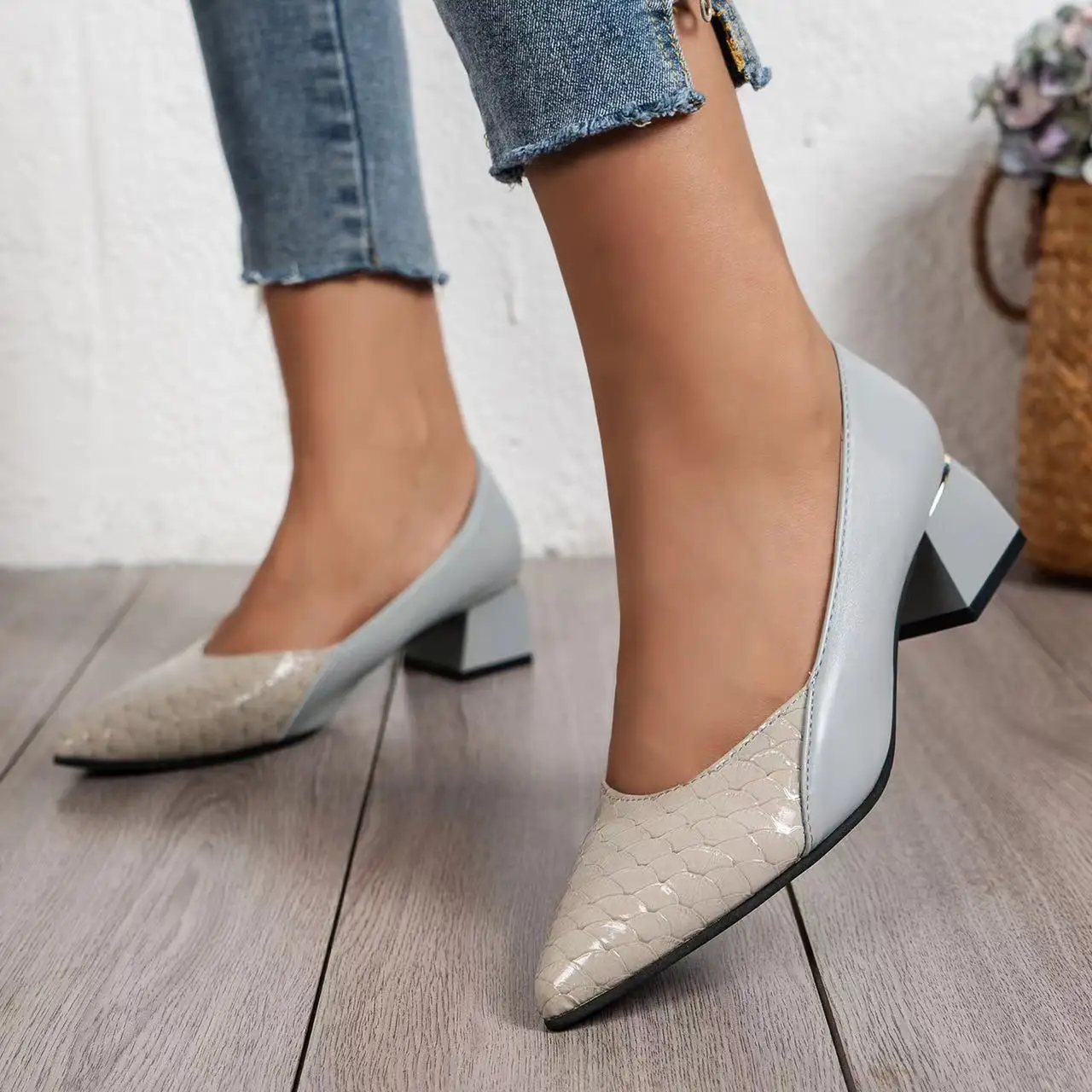 

New Women Pumps Black High Heels Spring Fashion Lady Patent Leather Shallow Thick Heel Pointed Single Shoes Slip-On Female Shoes