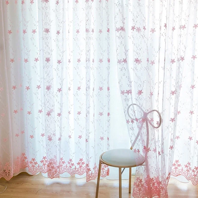 Pink Flower Embroidered Sheer Curtain French Vintage Voile Farmhouse Curtain for Bedroom Romantic Bay Window Drapes Grommet Top