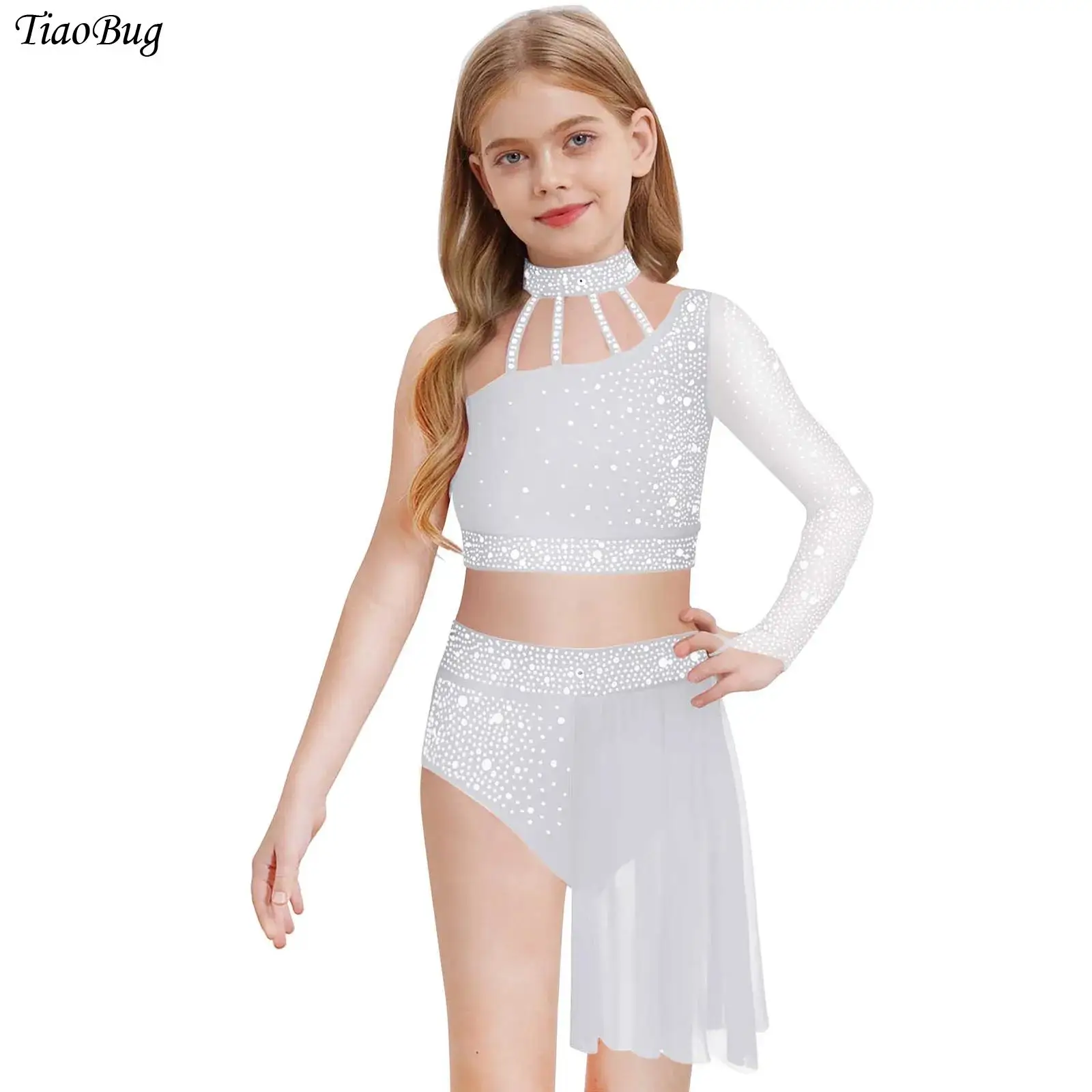 

Girls Modern Lyrical Dance Outfit One Shoulder Rhinestone Crop Top with Skirts Contemporary Ballet Gymnastics Skating Costumes