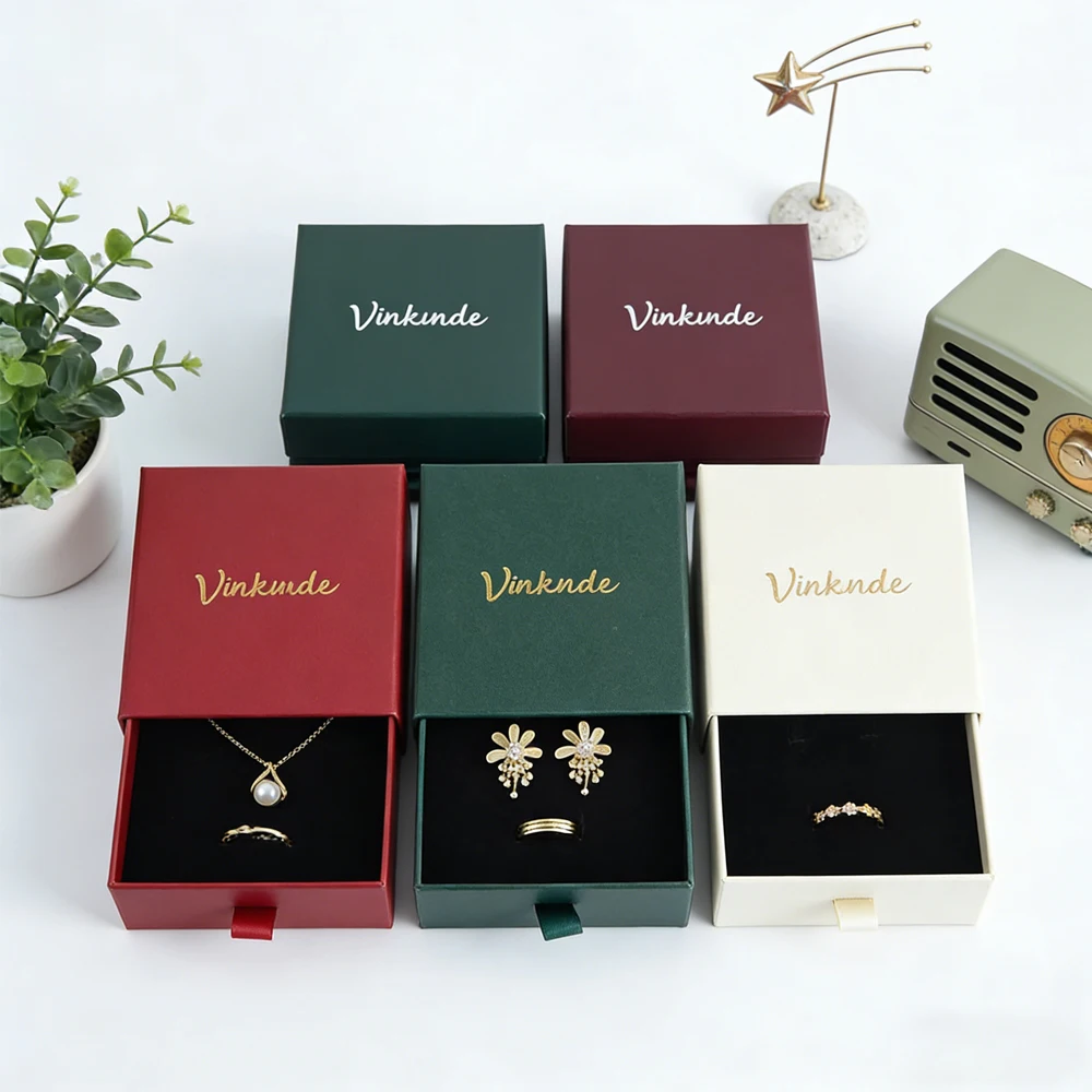 

50Pack 7x7x1.7cm Ring Earrings Pendants Necklace Drawer Boxes Custom Logo Jewelry Packaging Box for Wedding Bridal Favors Gift