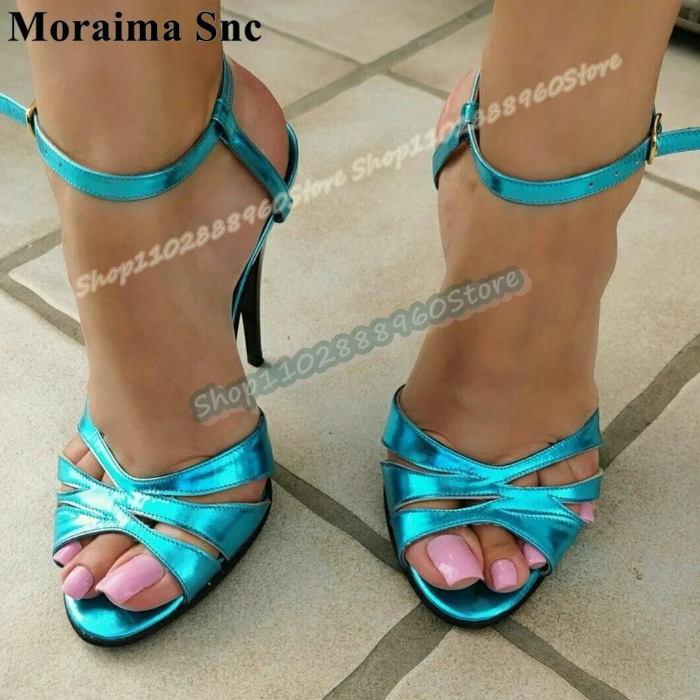 

Sexy Peacock Blue Metallic Leather Sandals Stilettos High Heel Shoes For Women Ankle Buckle Strap Peep Toe Luxury Party Sandals